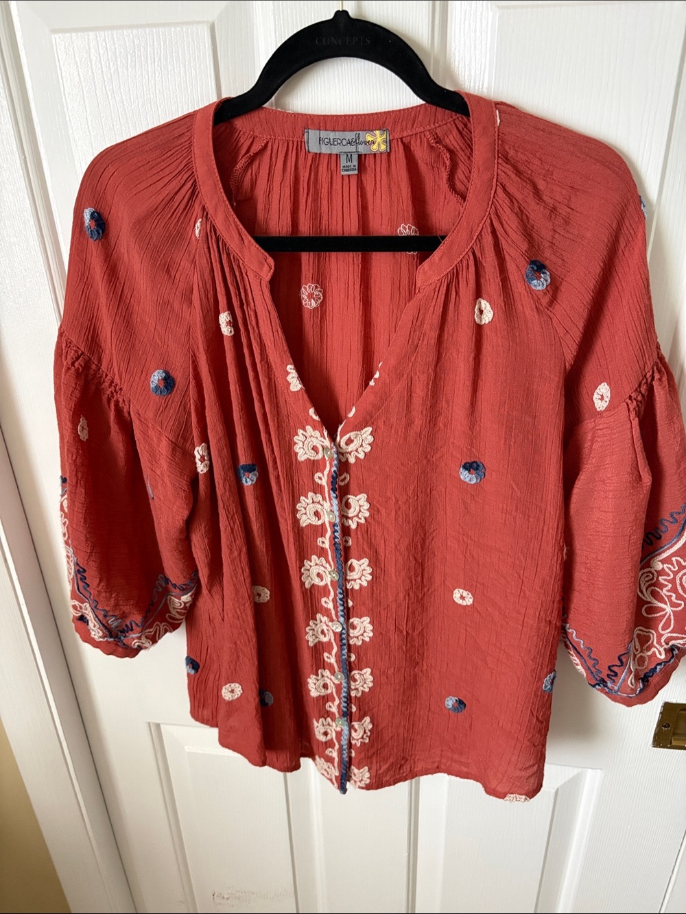 Figuero & Flower Textured Embroidered Rust Red Peasant Blouse